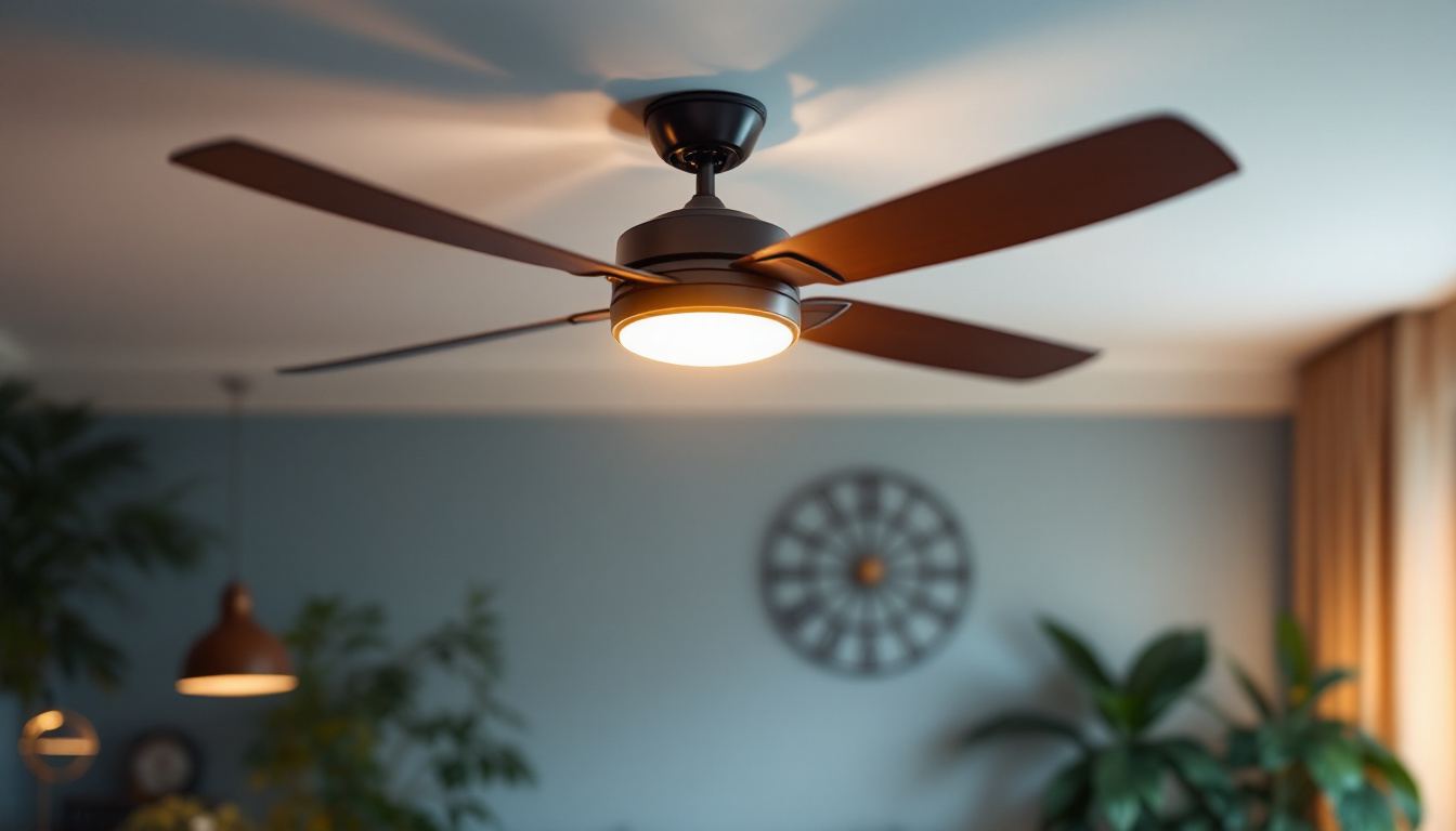 A photograph of a stylish ceiling fan with integrated lighting