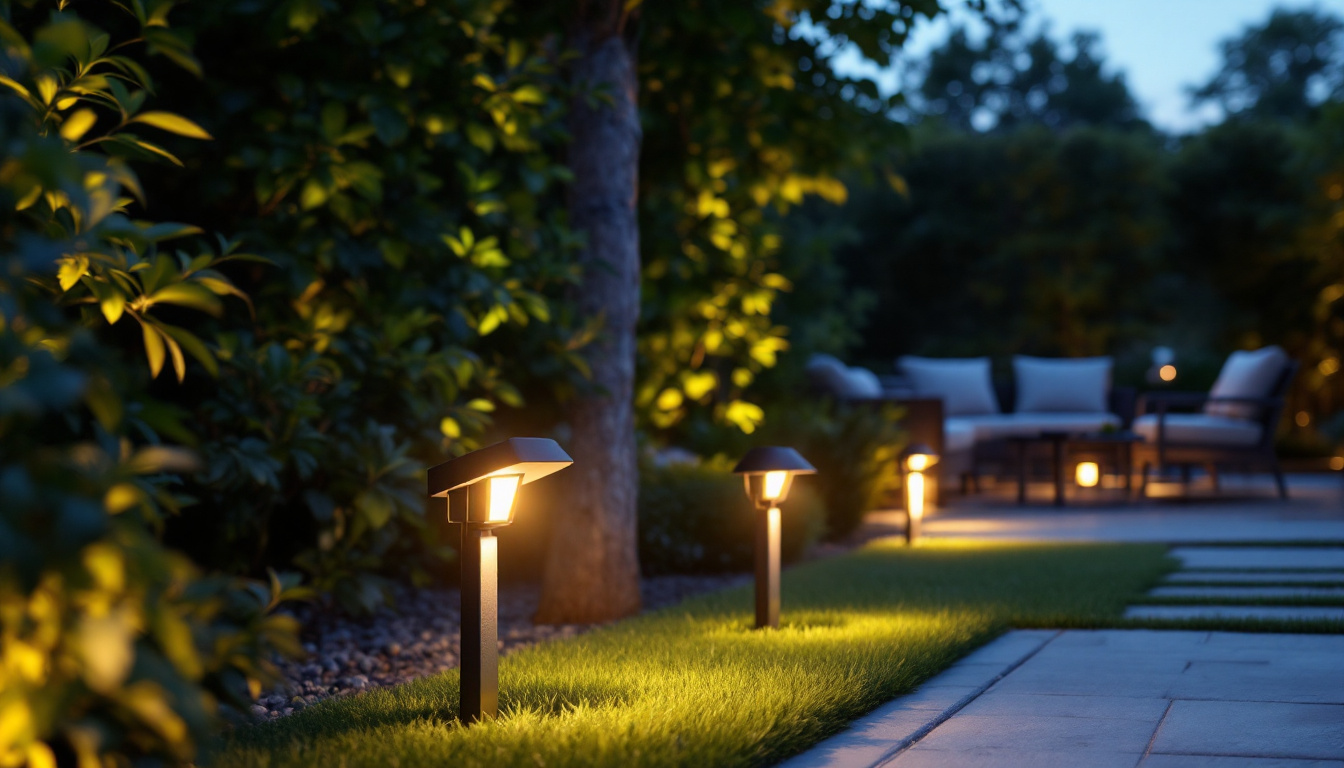 A photograph of a beautifully illuminated outdoor space featuring various landscape lighting fixtures in use