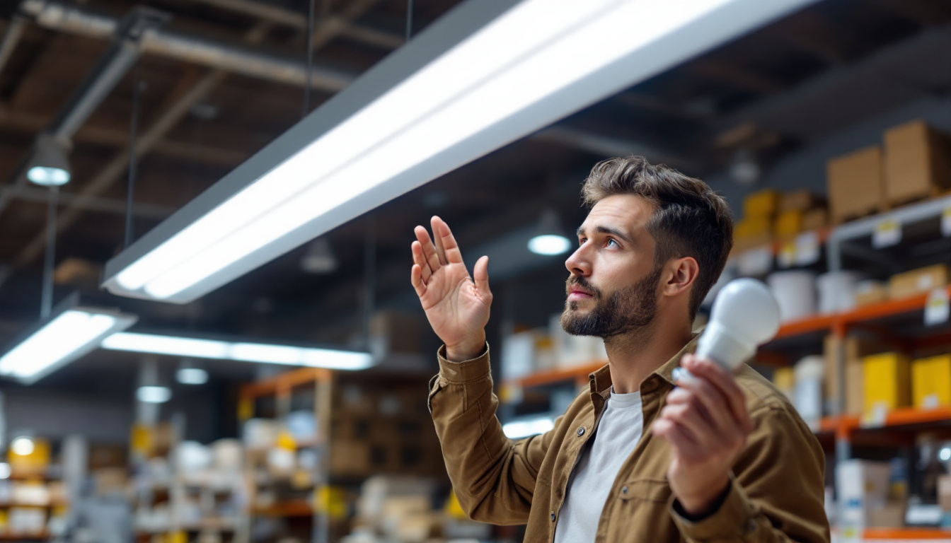 A photograph of a person carefully examining a fluorescent light fixture in a well-lit hardware store
