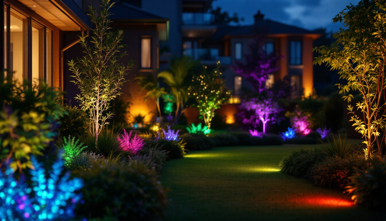 A photograph of a vibrant outdoor scene showcasing color-changing landscape lights illuminating a residential garden and a commercial building