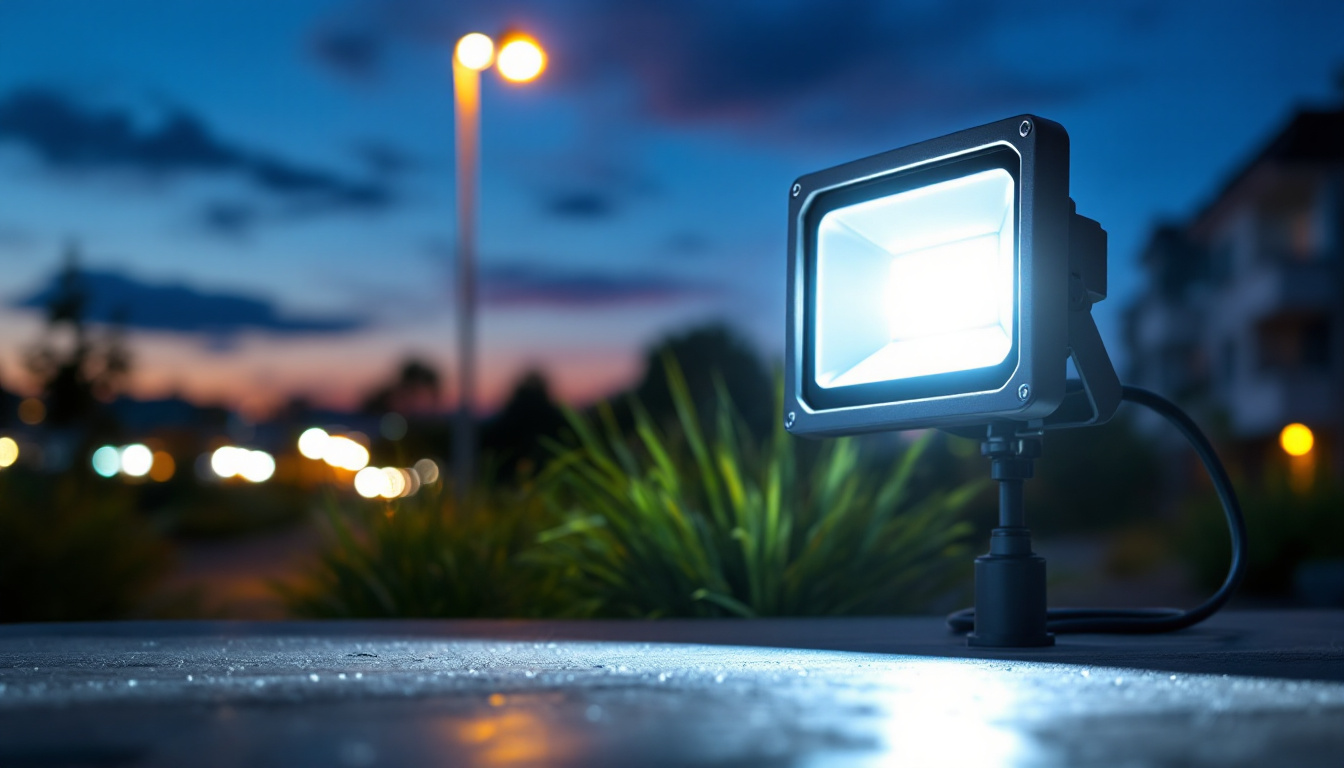 A photograph of a floodlight with an integrated outlet illuminating a vibrant outdoor scene at dusk