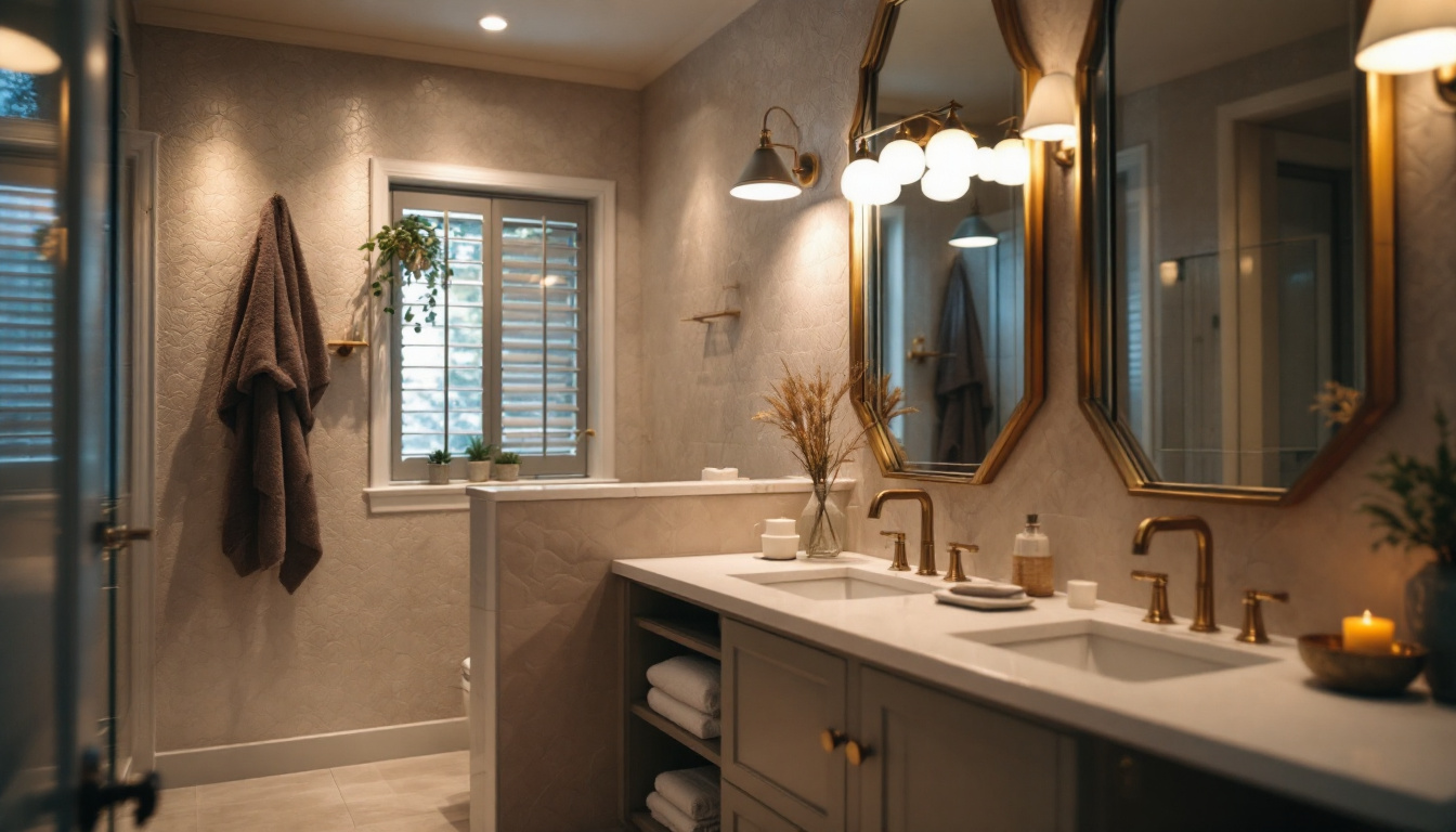 A photograph of a beautifully styled bathroom featuring a selection of the top 10 vanity lights