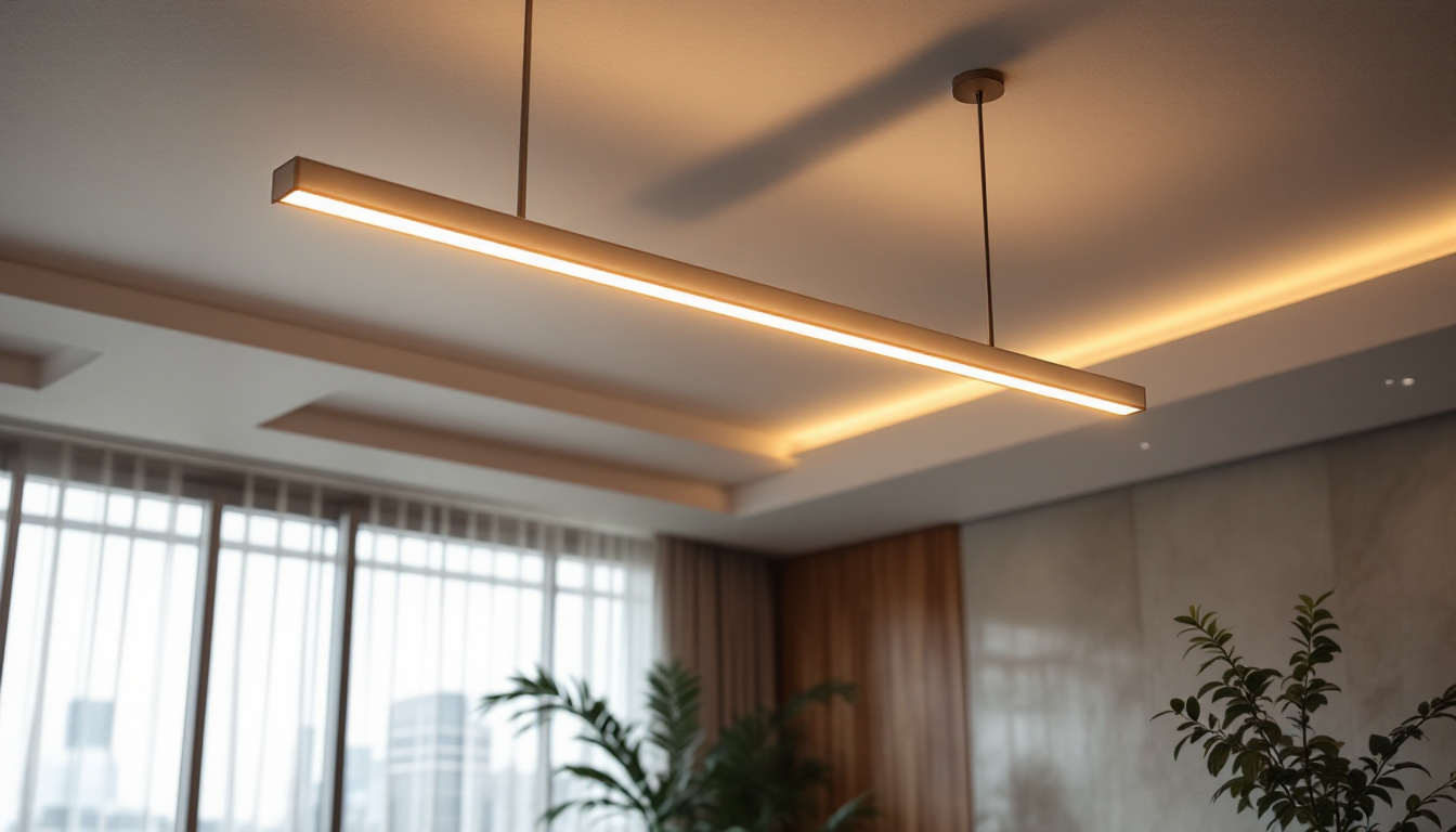 A photograph of a beautifully designed long ceiling light installed in a stylish interior setting