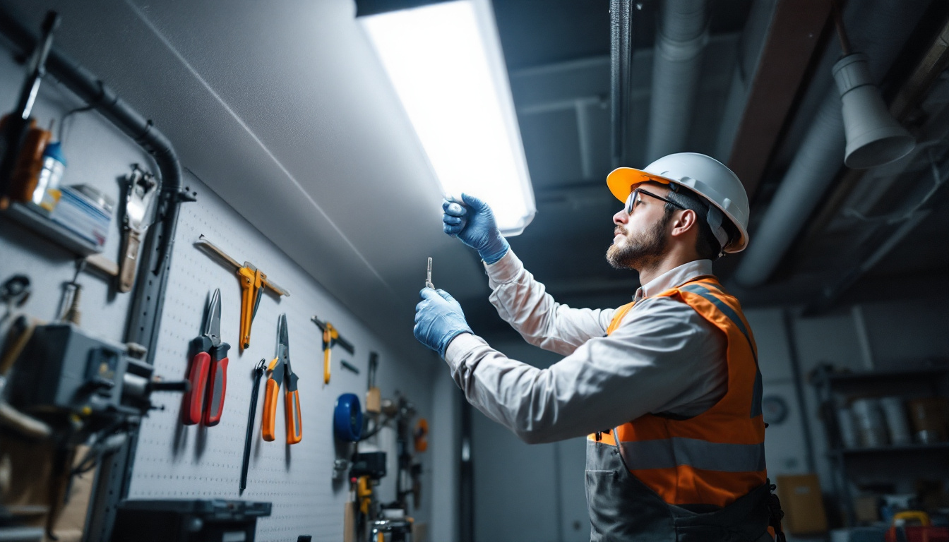 A photograph of a person safely removing a fluorescent light fixture