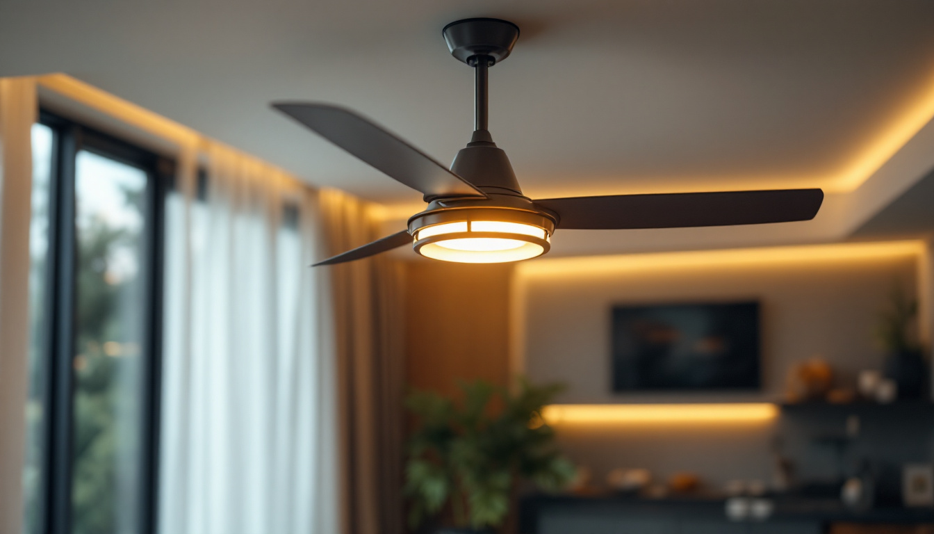 A photograph of a stylish fan and light fixture installed in a modern living space