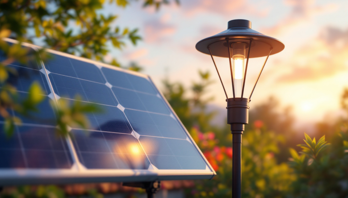 A photograph of a solar panel installation alongside a stylish solar-powered lamp in a vibrant outdoor setting
