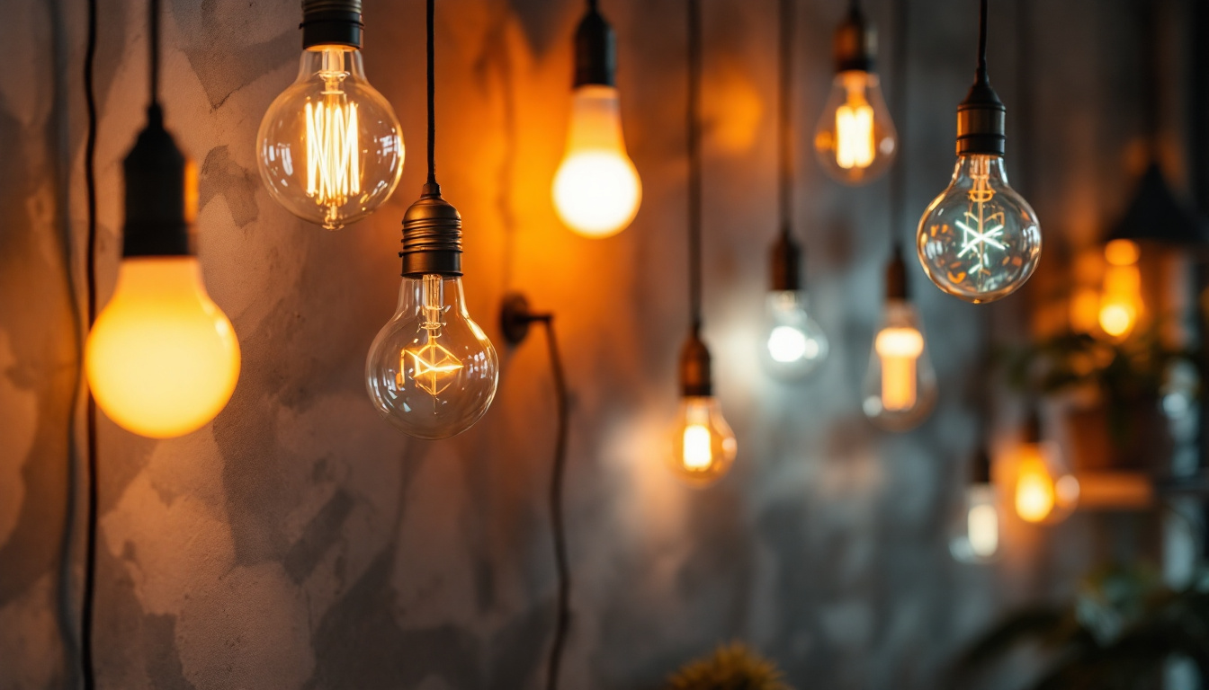 A photograph of a brightly lit room showcasing various led bulb lights in different styles and colors