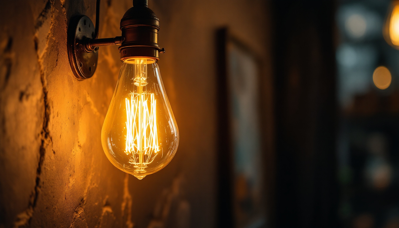 A photograph of a beautifully styled vintage light bulb illuminated in a cozy