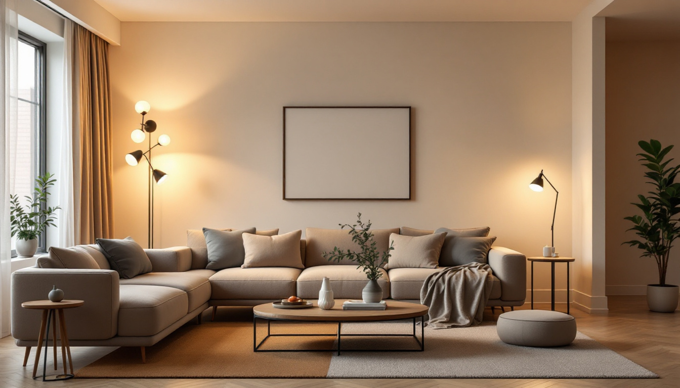 A photograph of a beautifully designed living room featuring a variety of stylish light fixtures that enhance the space's ambiance while highlighting energy-efficient lighting options