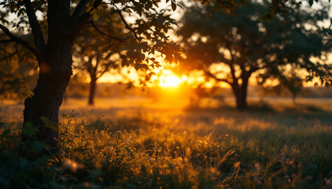 A photograph of a serene outdoor scene during the golden hour