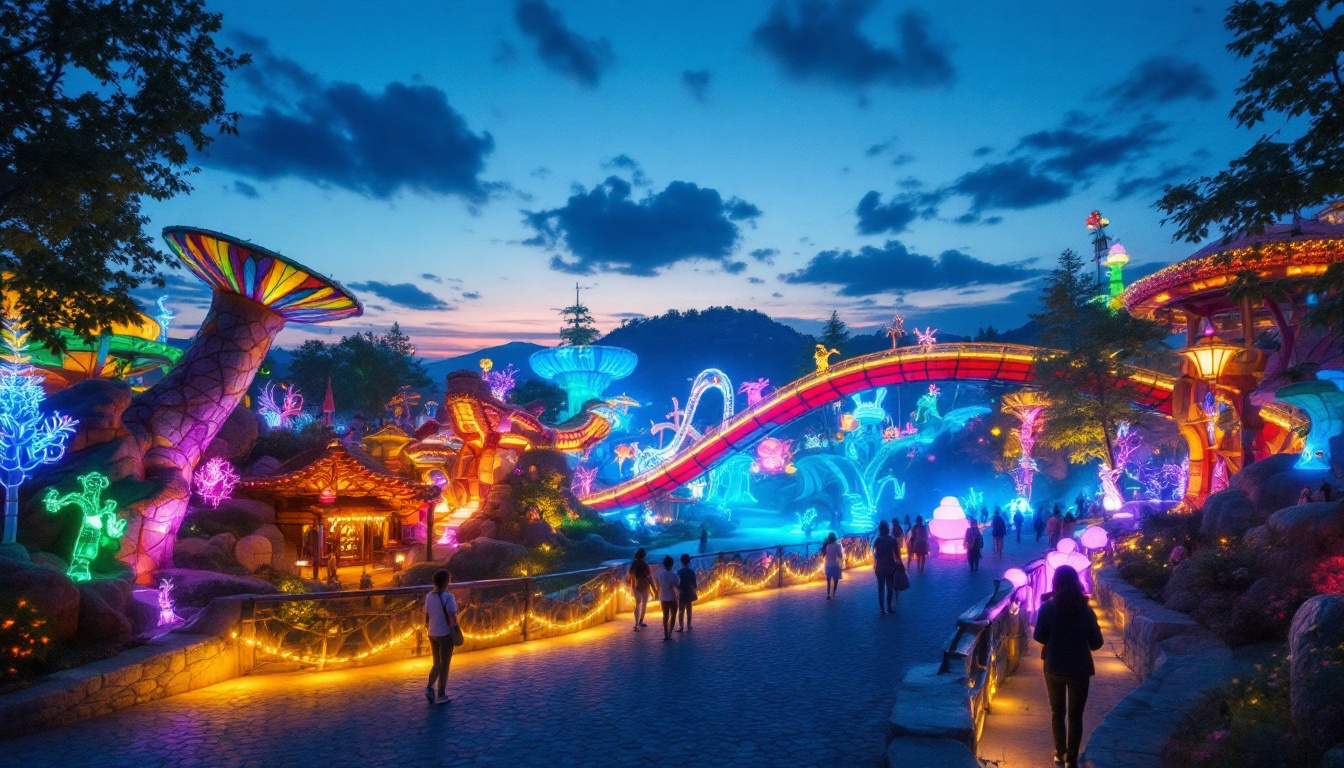 A photograph of capture a photograph of the lumen theme park at dusk