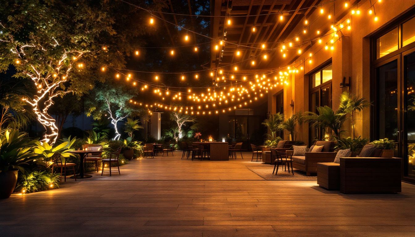 A photograph of a beautifully illuminated outdoor space featuring various styles of led lighting