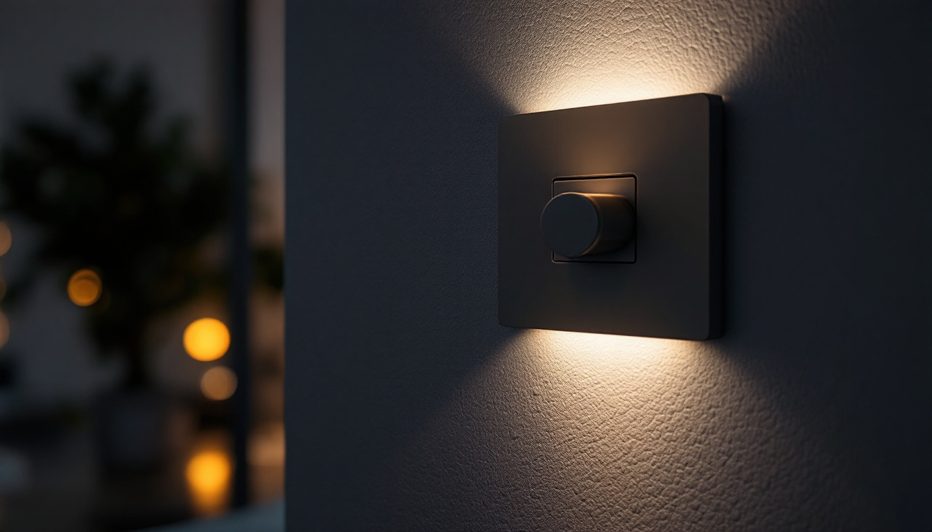 A photograph of a close-up shot of a 0-10v dimmer switch in a modern home setting