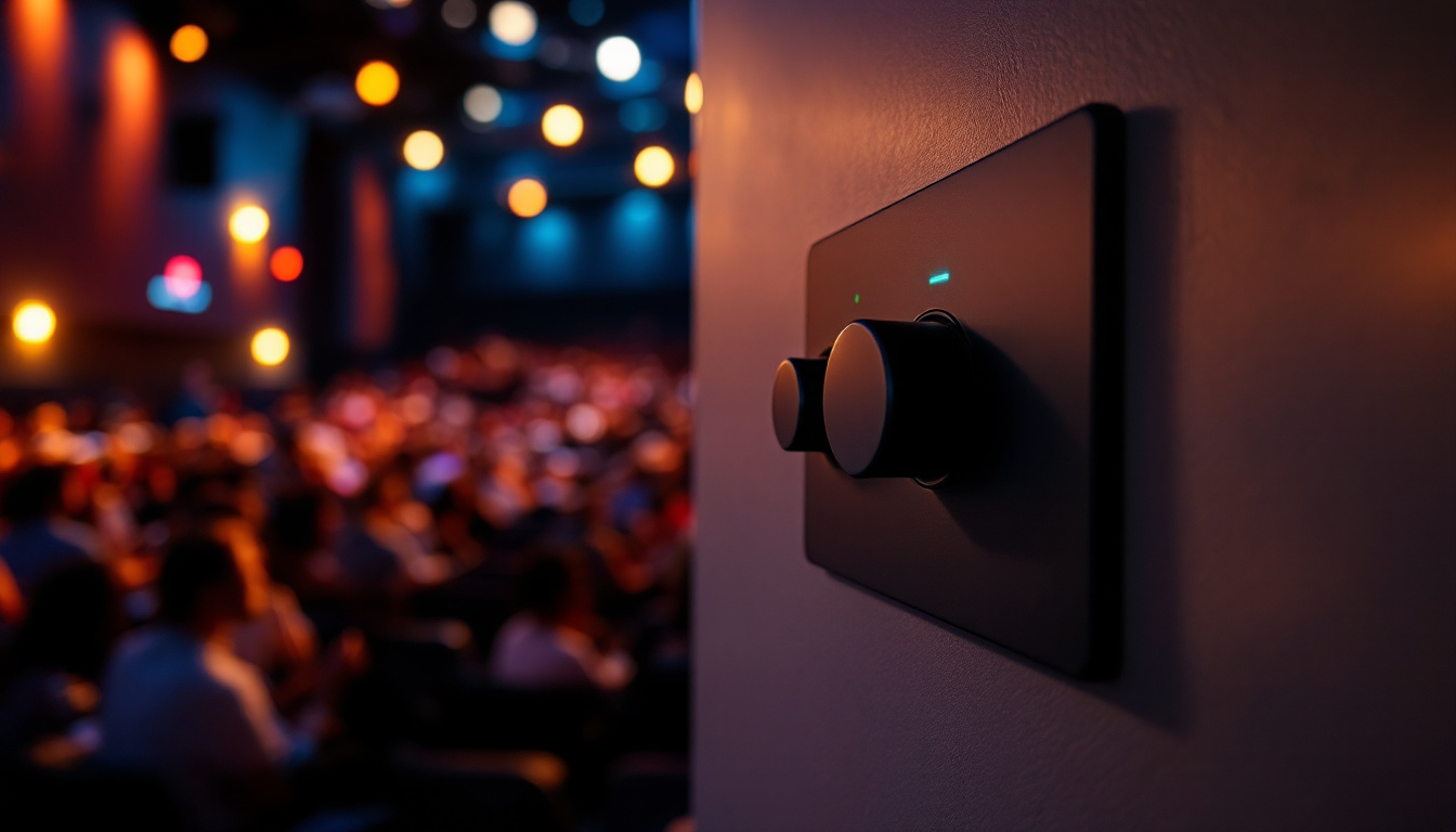 A photograph of a modern auditorium featuring a dimmer switch panel in use