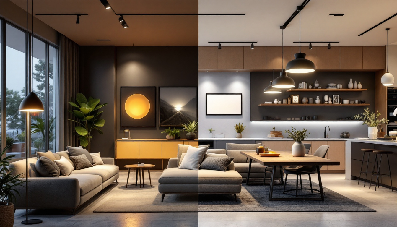 A photograph of a modern residential and commercial space showcasing various max lumen lighting fixtures in use