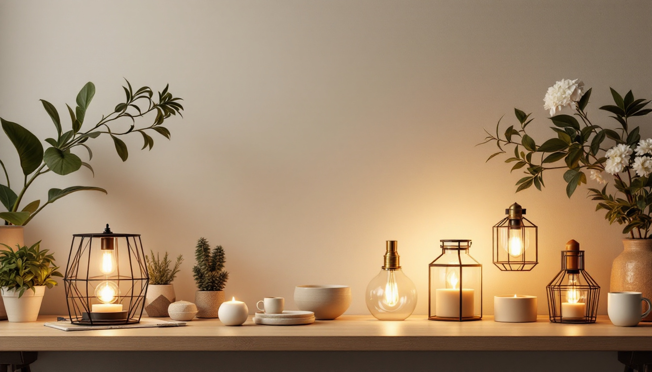 A photograph of a beautifully arranged scene featuring a variety of small light fixtures in different styles and settings