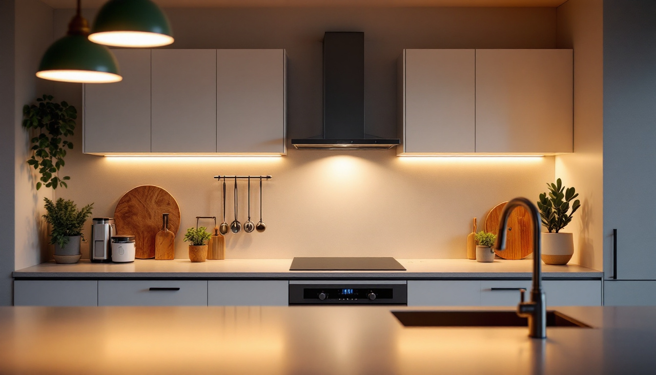 A photograph of a modern kitchen illuminated by stylish led lighting