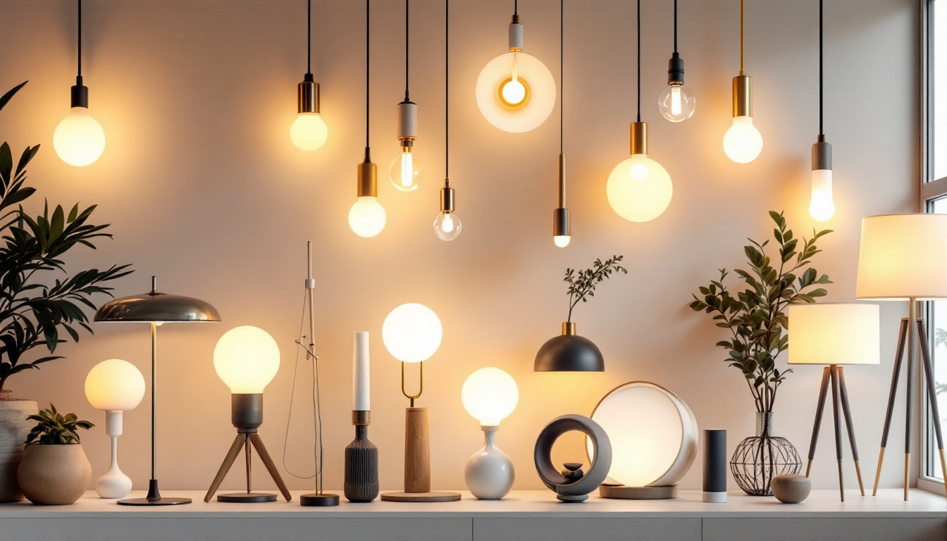 A photograph of a beautifully arranged display of various innovative light fixtures in a stylish interior setting