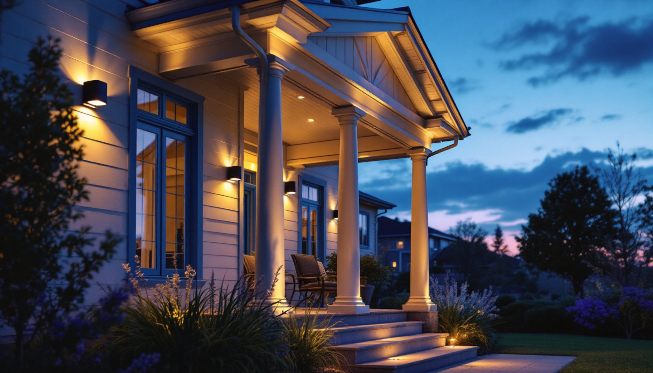 A photograph of a beautifully illuminated porch at dusk
