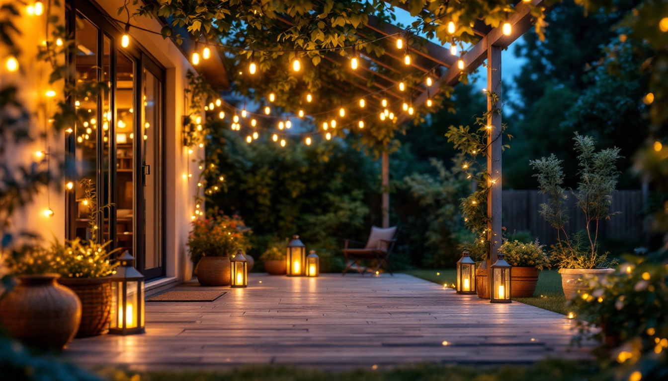 A photograph of a beautifully illuminated outdoor space showcasing a variety of lighting options