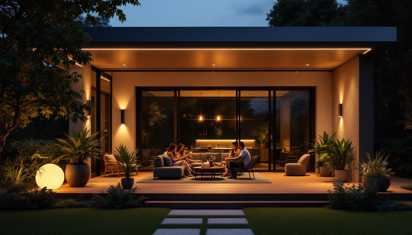 A photograph of a modern porch illuminated by stylish led lights at dusk