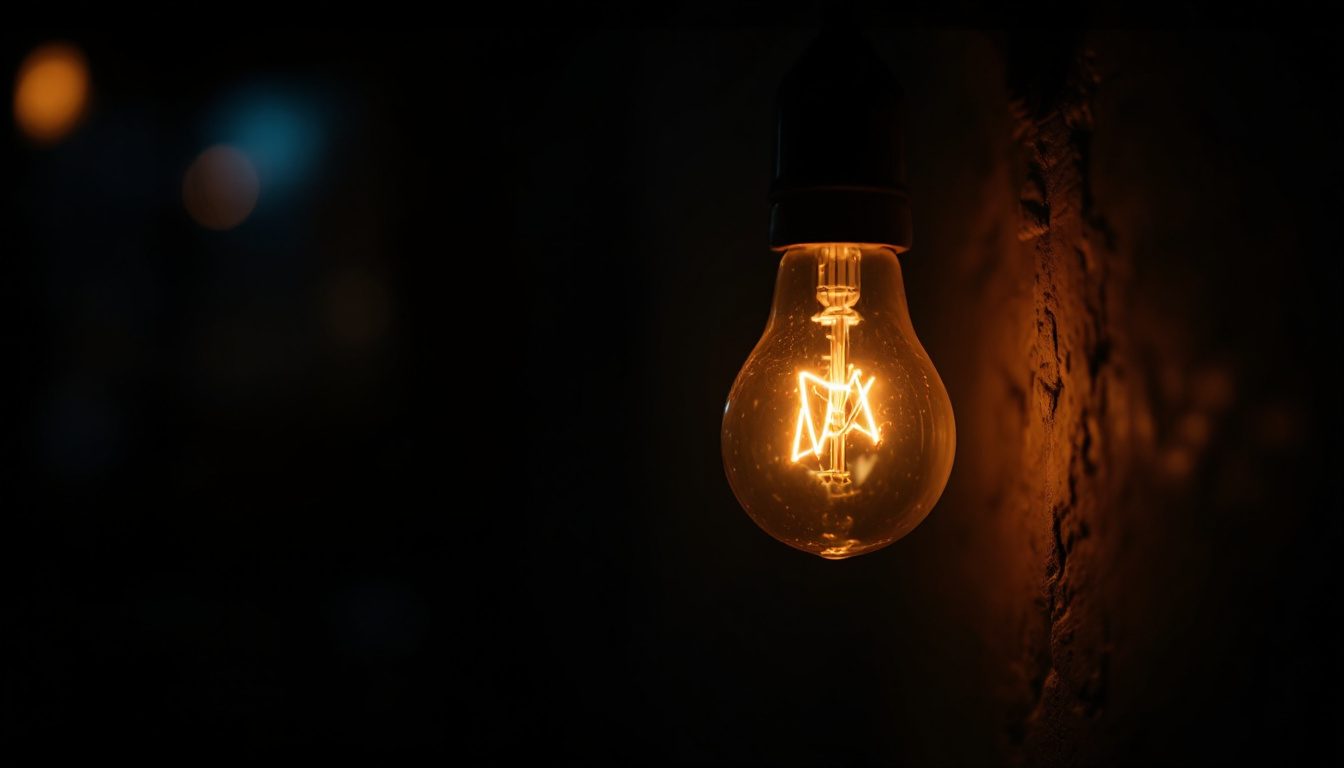 A photograph of a close-up of a flickering light bulb in a dimly lit room