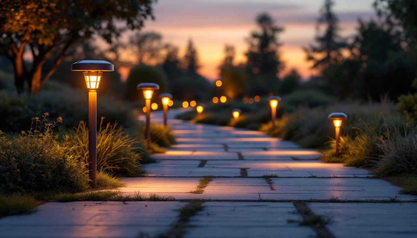 A photograph of a beautifully illuminated pathway featuring various styles of solar walkway lights at dusk
