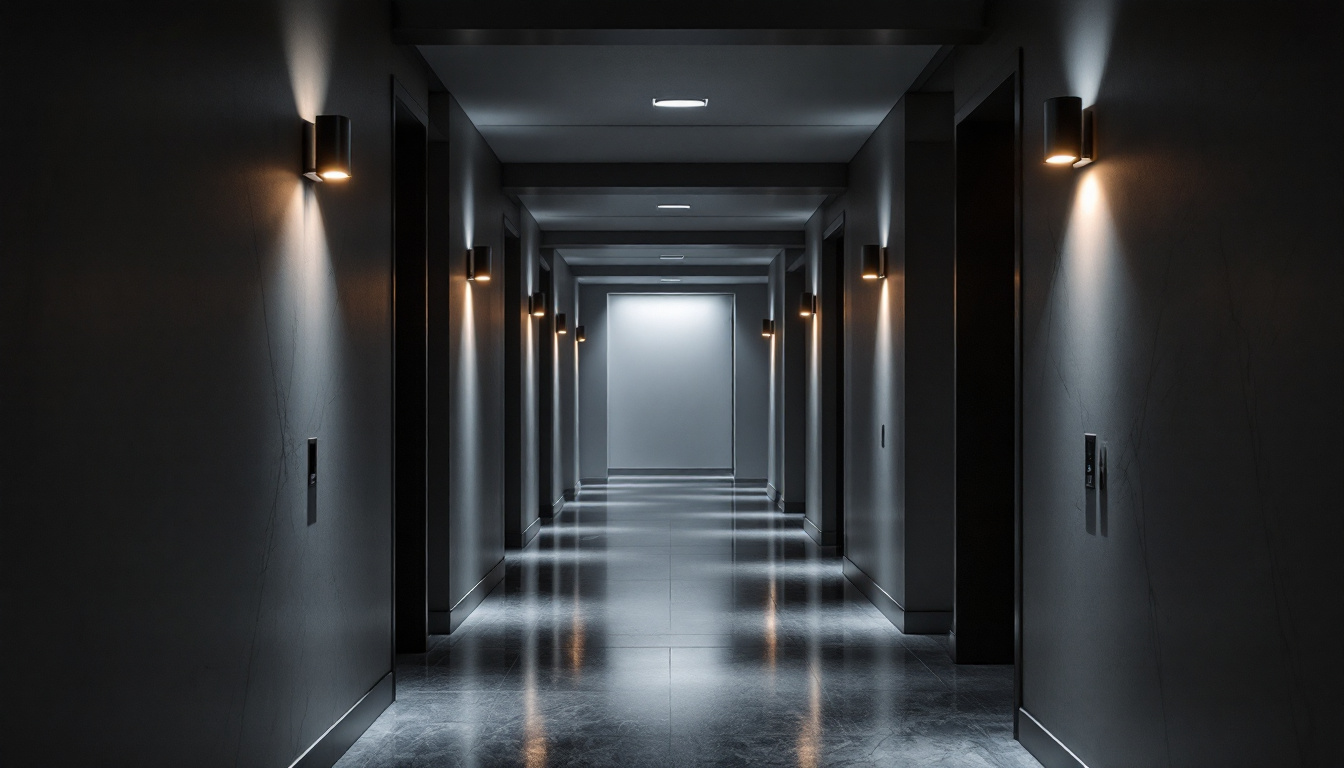 A photograph of a beautifully designed hallway that showcases a dynamic interplay of light and shadow