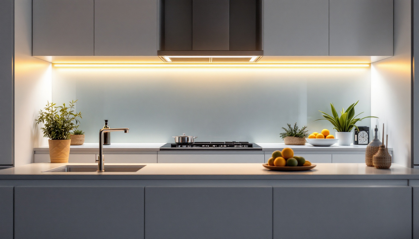 A photograph of a modern kitchen featuring sleek undercabinet led lighting that highlights the countertops and enhances the overall ambiance