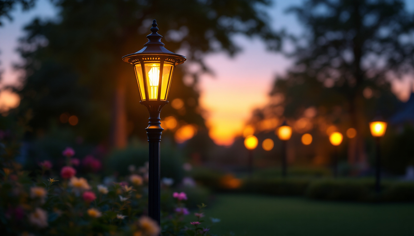 A photograph of a beautifully illuminated lawn lamp post in a picturesque garden setting during twilight
