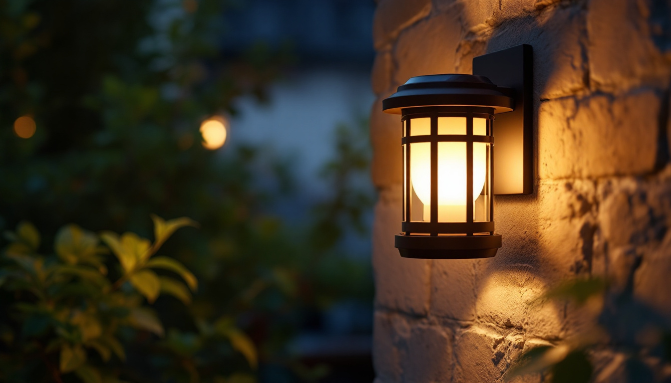 A photograph of a beautifully designed wall-mounted solar lantern illuminating a cozy outdoor space at dusk