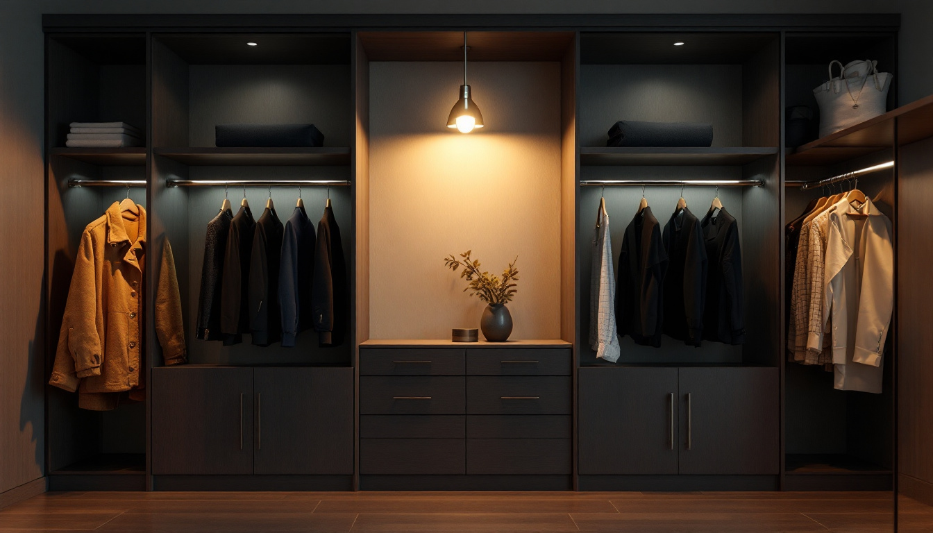 A photograph of a beautifully designed closet illuminated by an elegant light fixture