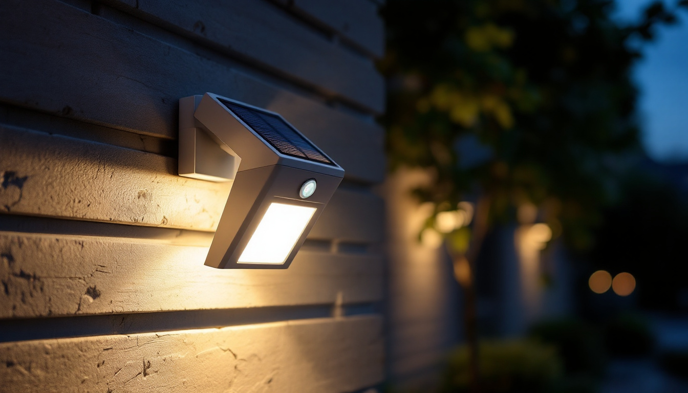 A photograph of a modern exterior solar motion detector light installed in a well-lit outdoor setting