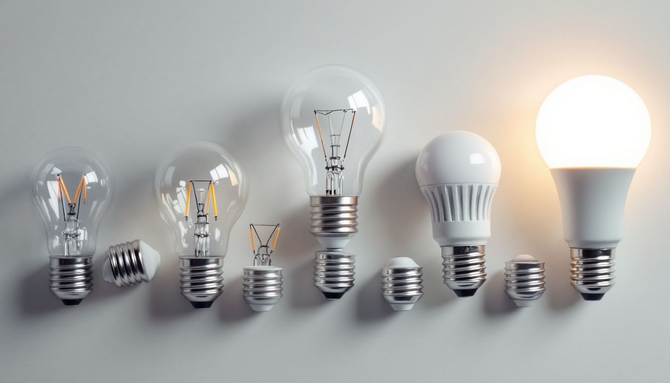 A photograph of a close-up shot of various light bulb bases arranged on a clean