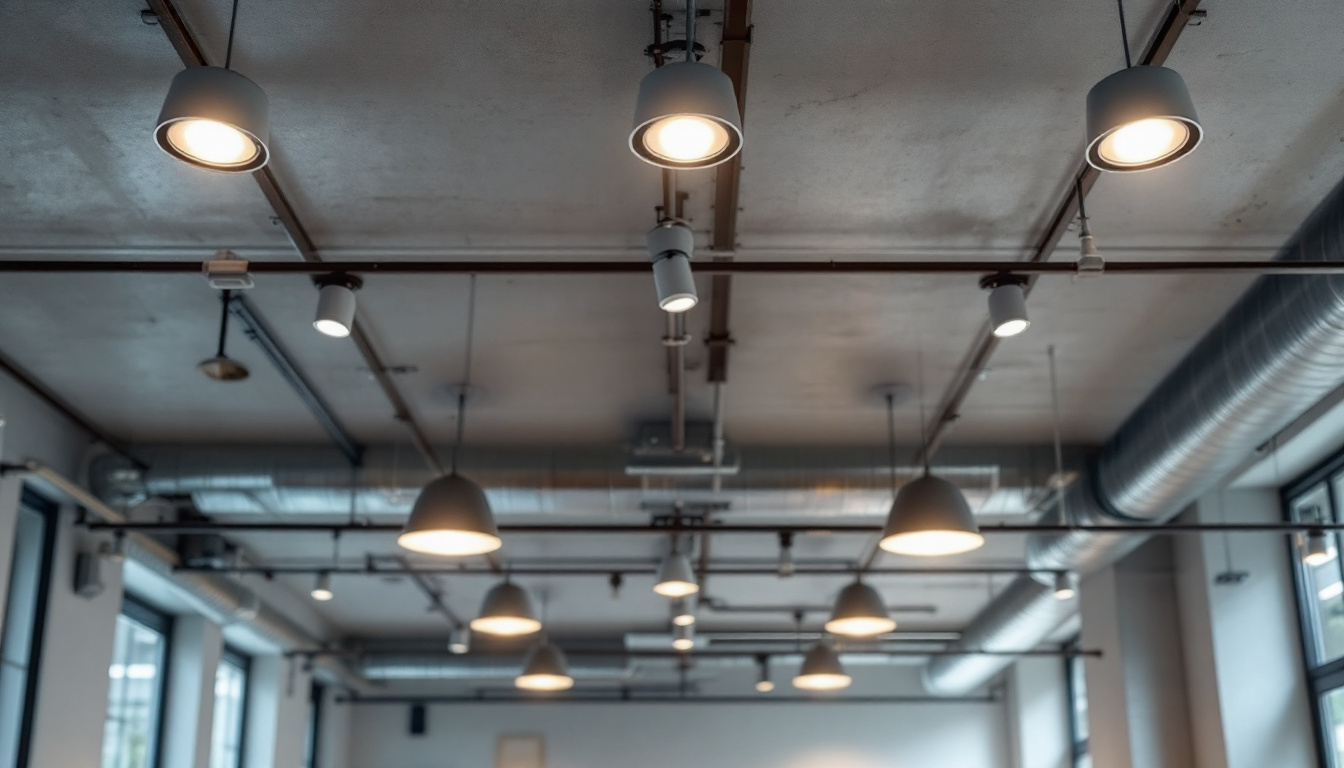 A photograph of a modern industrial or commercial space featuring stylish flush mount lighting