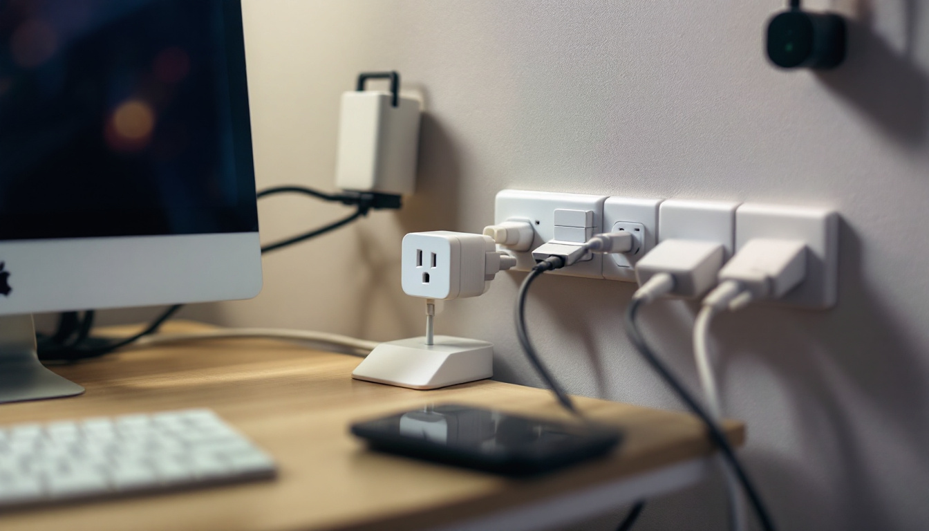 A photograph of a well-organized workspace featuring multiple devices plugged into various types of power outlets