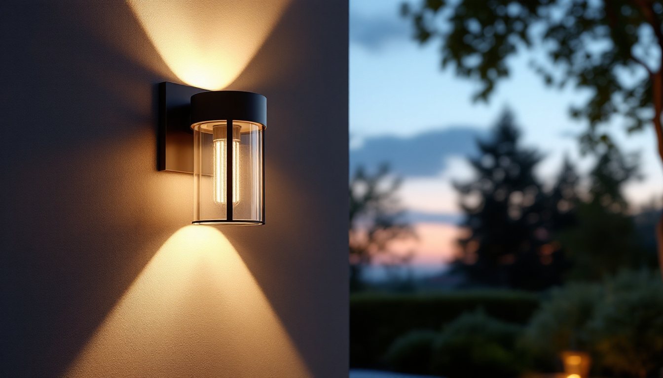 A photograph of a beautifully designed large outdoor wall lantern illuminating a stylish outdoor space at dusk
