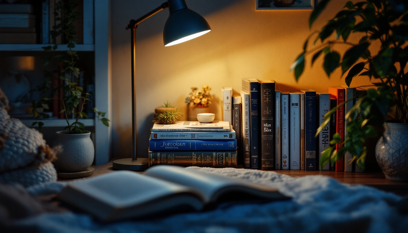 A photograph of a well-lit indoor scene featuring a cozy reading nook illuminated by a lamp emitting 500 lumens