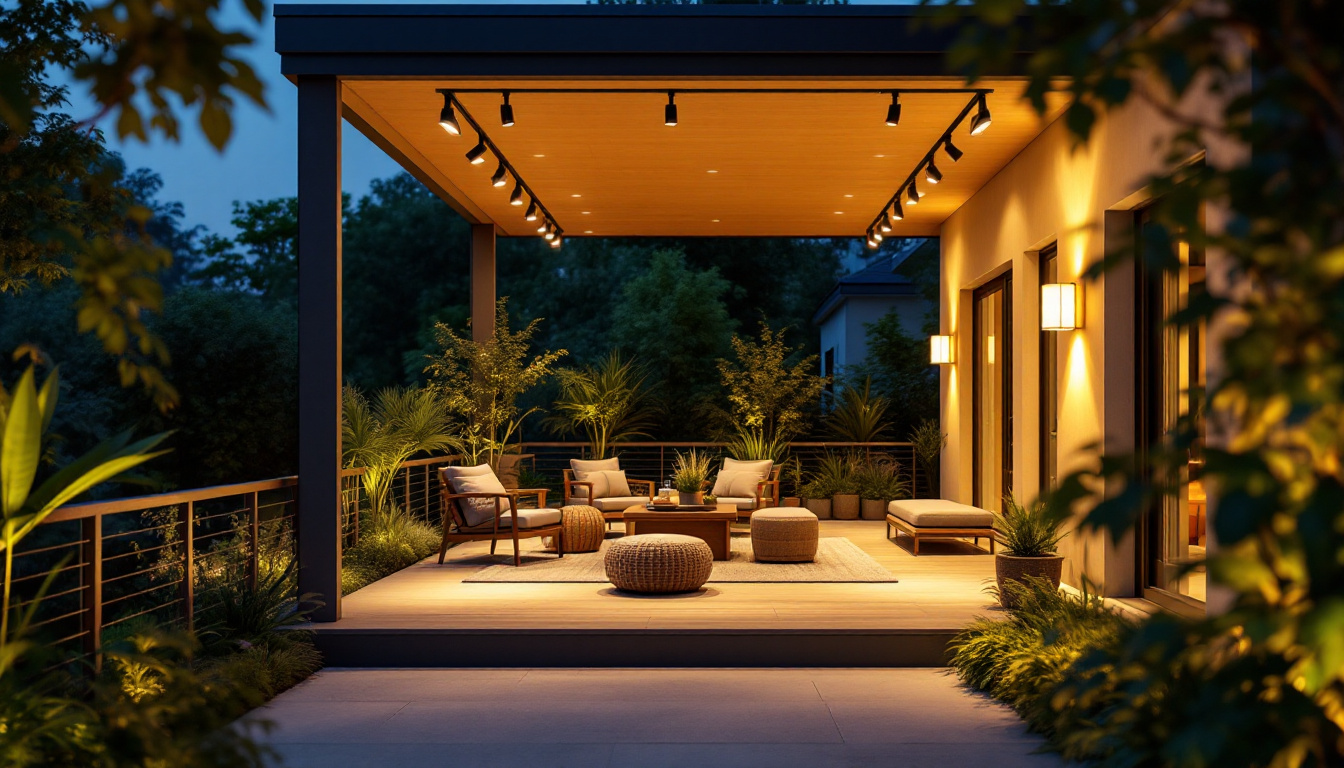 A photograph of a beautifully illuminated outdoor space featuring stylish exterior track lighting