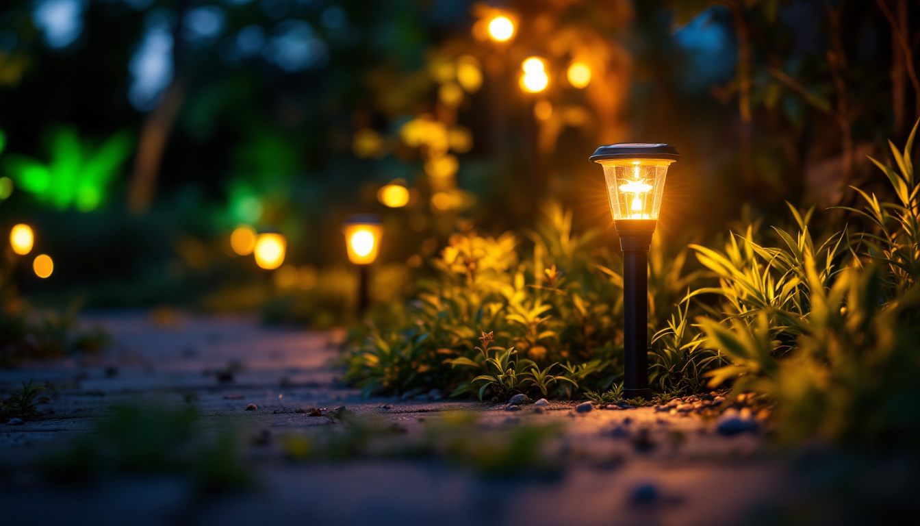 A photograph of a serene outdoor setting illuminated by vibrant led solar power lights at dusk