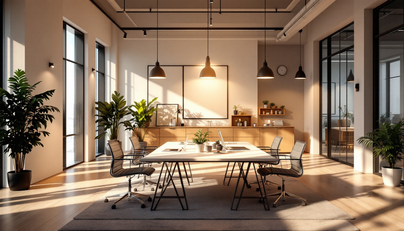 A photograph of a modern office space showcasing a variety of lighting options