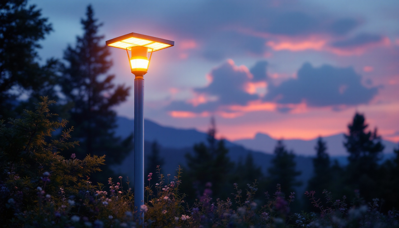 A photograph of a beautifully illuminated tall solar light in a serene outdoor setting during twilight