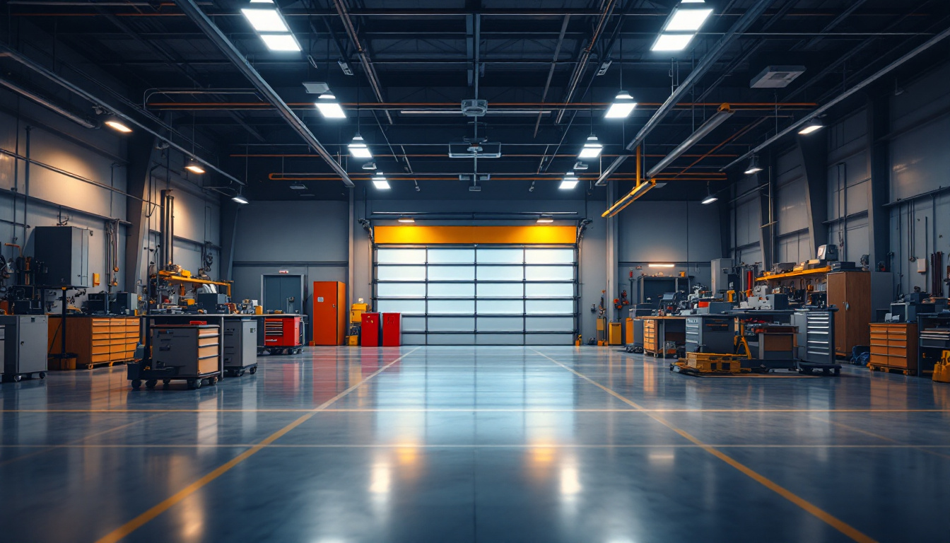 A photograph of a well-lit industrial or commercial garage space showcasing bright
