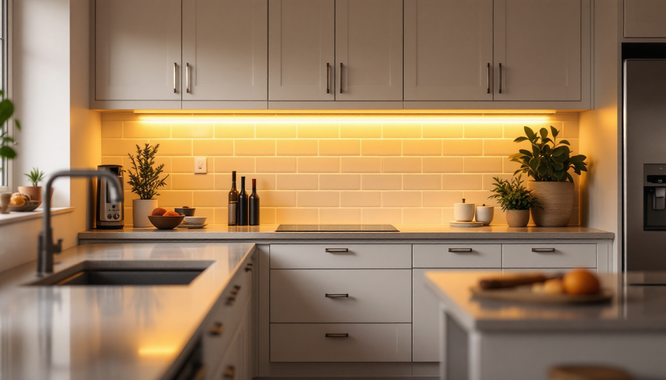A photograph of a beautifully designed kitchen showcasing warm under-cabinet lighting that highlights the countertops and creates an inviting atmosphere