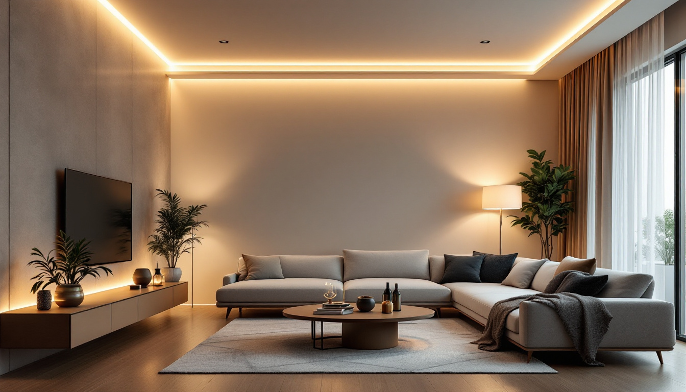 A photograph of a modern living space featuring elegant edge-lit led fixtures that highlight the room's design elements while showcasing the warm ambiance and energy efficiency they provide