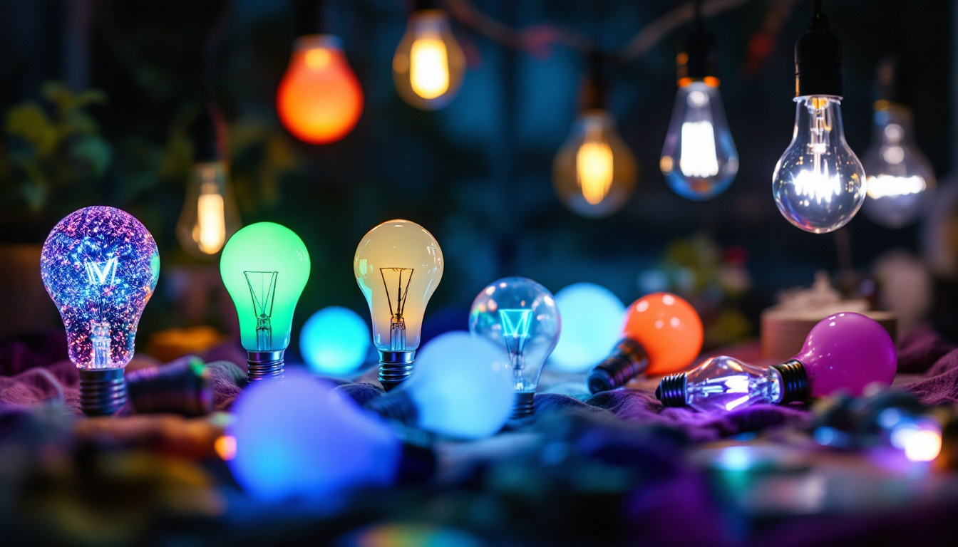 A photograph of a variety of unique and colorful light bulbs displayed creatively in a cozy