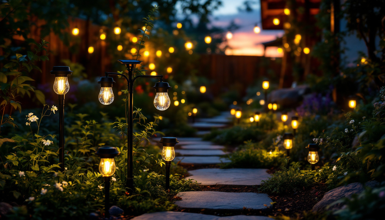 A photograph of a beautifully illuminated outdoor space featuring a variety of lamp led solar lights in use