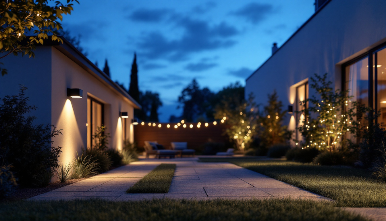 A photograph of capture a photograph of a beautifully illuminated outdoor space featuring motion detection lights in action