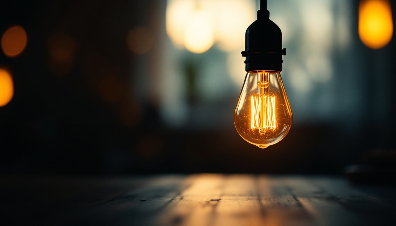 A photograph of a close-up of a flickering light bulb illuminating a dimly lit room