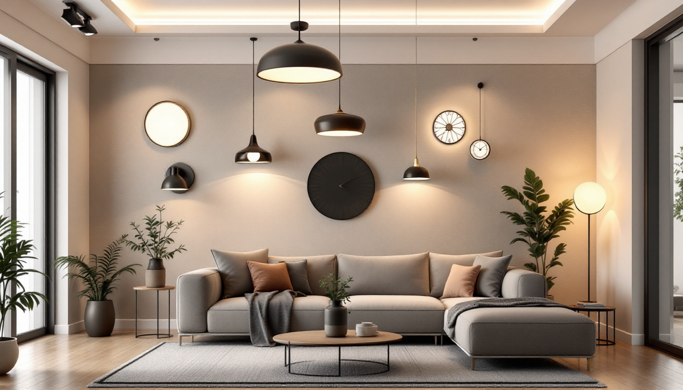 A photograph of a stylish living room showcasing a variety of modern ceiling lighting fixtures